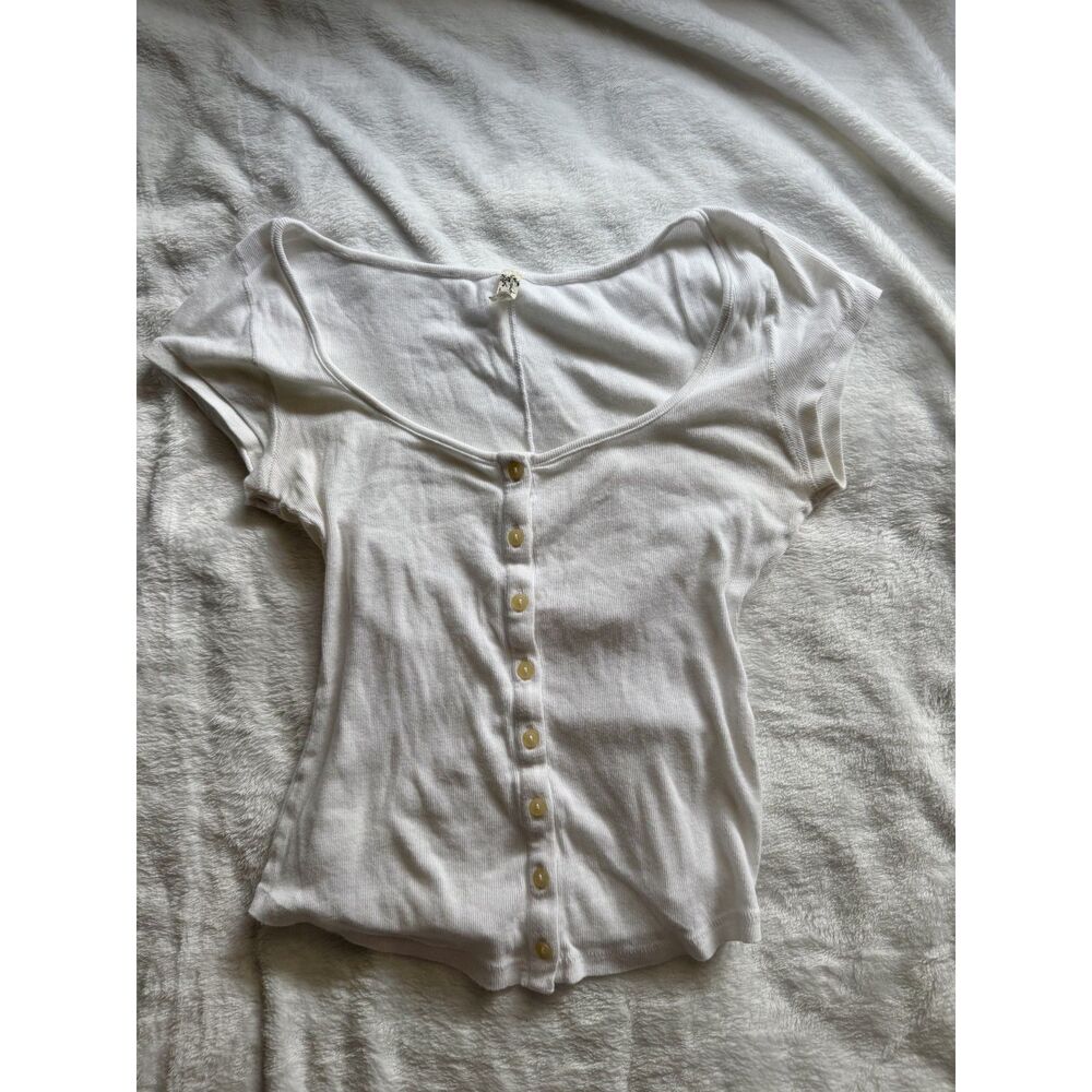 Free People Intimately White Ribbed Button Front Baby Tee Y2K Small